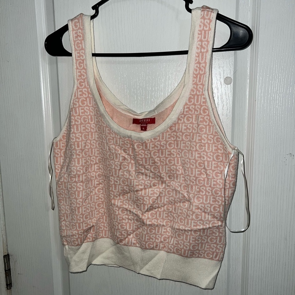 GUESS Logo Print Pink and White Tank Top